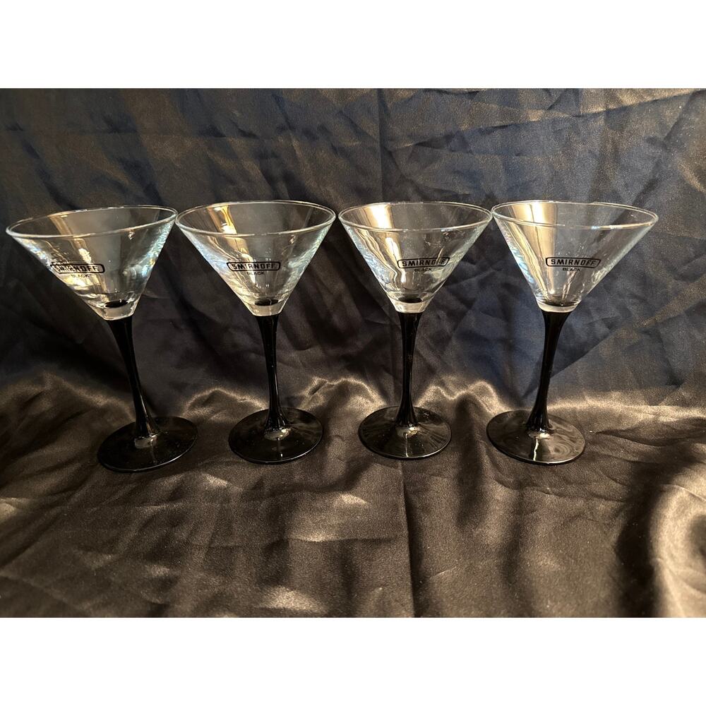 Vintage Y2K Smirnoff Black Martini Glasses Luminarc Stemware France Lot of 4